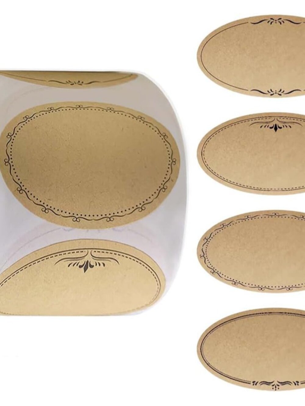 1.4 * 2.5In 500P Oval Brown Kraft Stickers with Artistic Border - 4 Unique Style